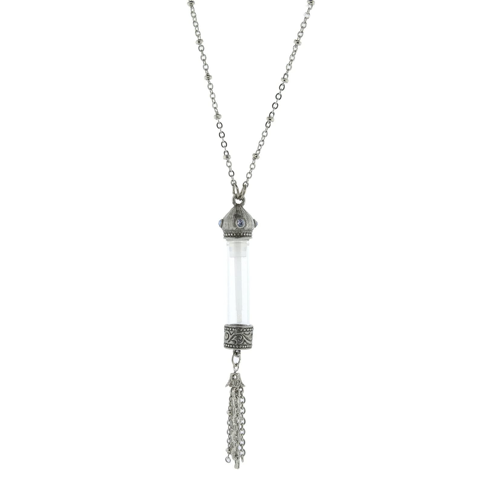 1928 Jewelry Glass Vial With Blue Crystal Stone Tassel Necklace 30 Inches