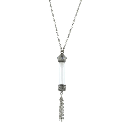 1928 Jewelry Glass Vial With Blue Crystal Stone Tassel Necklace 30 Inches