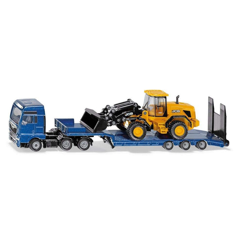 Siku 1790, Man Lorry with Low Loader and JCB Wheel Loader, 1:87, Metal/Plastic, Blue/Yellow, Folding ramp, Movable Loading arm