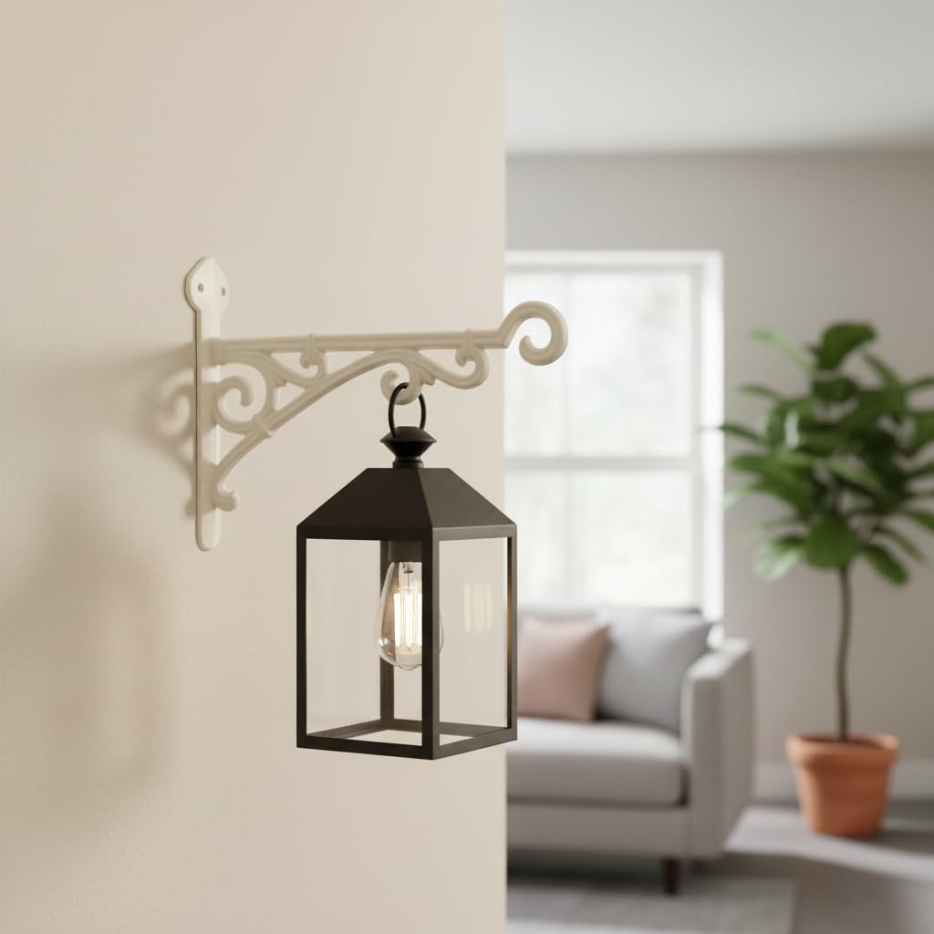Comfy Hour Antique & Vintage Interior Decor Collection Cast Iron Wall Mount Bracket Hangers for Planter, Bird Feeder, Birdhouse, Lanterns, Windchimes, Hooks, Outdoor Decor- Primitive, White