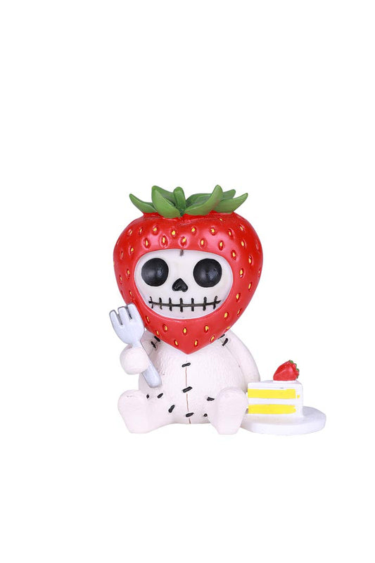 Pacific Trading SUMMIT COLLECTION Furrybones Ichigo Signature Skeleton in Strawberry Head Costume with a Fork and Slice of Strawberry Shortcake.