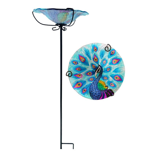 Comfy Hour Peacock Decor Collection 28" Peacock Glass Top Birdbath Birdfeeder Metal Art Garden Stake