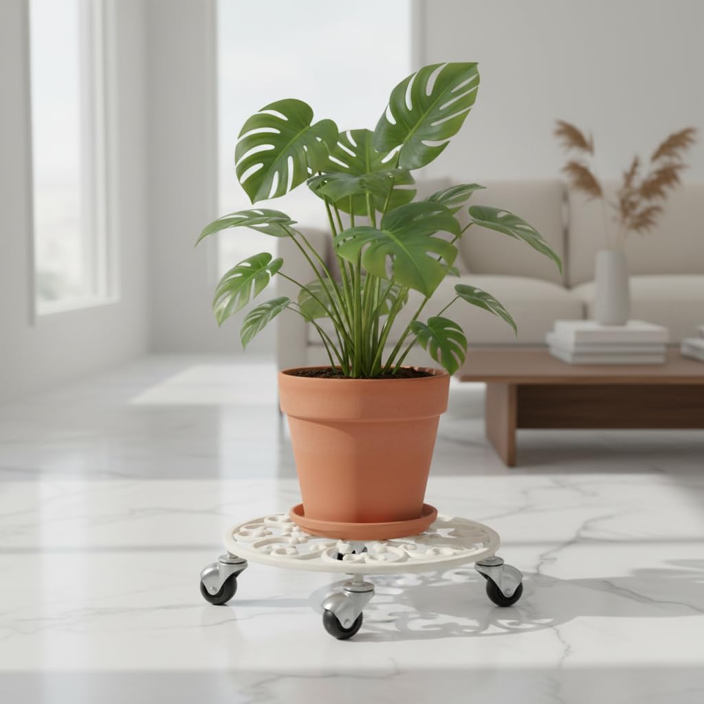Comfy Hour Rustic Style Outdoor Collection Cast Iron Plant Trolley Flowerpot Holder, with Heavy Duty Super Strong Industrial Strength Iron Wheels, White