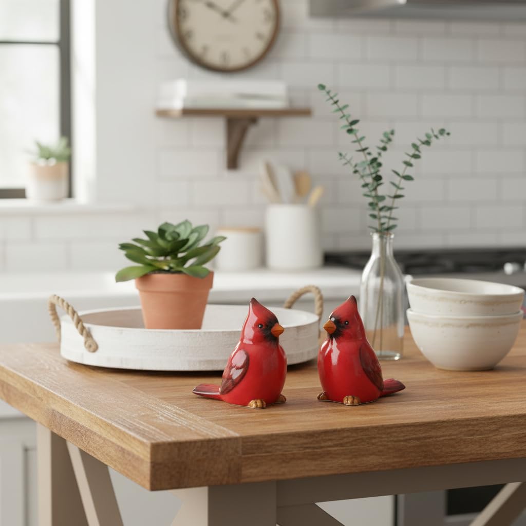 Comfy Hour Farmhouse Home Decor Collection 2.4" Two Red Feather Cardinals Salt and Pepper Bottle Dolomite Figurine, Set of 2, Red