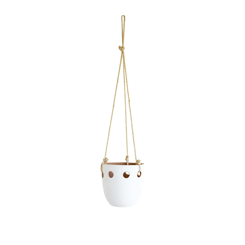 Foreside Home & Garden Round Cutout Hanging Planter White Terracotta & Jute