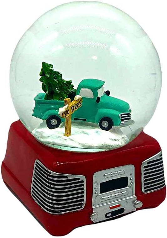 Comfy Hour Joyful Holiday Collection Blue Truck with Trees to Sell Sign and Vintage Recorder Design Snow Globe, Musical Waterglobe, Winter Decoration, Ceramic