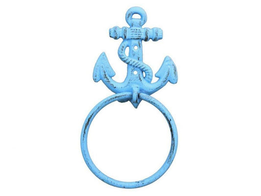 Hampton Iron Handcrafted Nautical Decor Rustic Light Blue Cast Iron Anchor Towel Holder 8.5" - Cast Iron Decoration - A