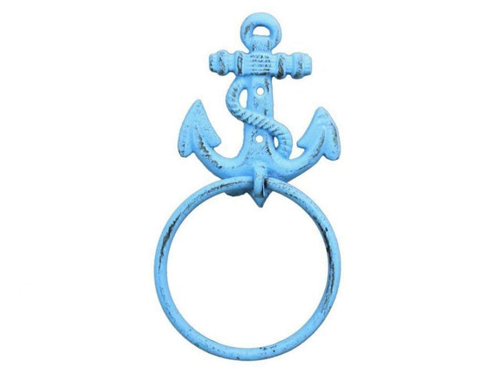 Hampton Iron Handcrafted Nautical Decor Rustic Light Blue Cast Iron Anchor Towel Holder 8.5" - Cast Iron Decoration - A