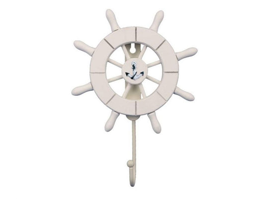 Handcrafted Nautical Decor White Decorative Ship Wheel with Anchor with Hook 6" - Wooden Ships Wheel - Boa