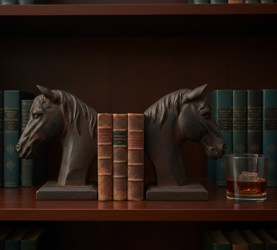 Comfy Hour Farmhouse Home Decor Collection 5" Length 7" Height Set 2 Horse Head Bookends Art Bookend, 1 Pair, Antique Style, Heavy Weight, Brown Rust Effect, Polyresin