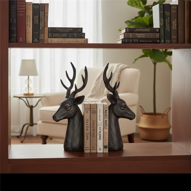 Comfy Hour Farmhouse Collection Resin Set Of 2, Deer Head Art Bookends, Solid Heavy Weight, Black