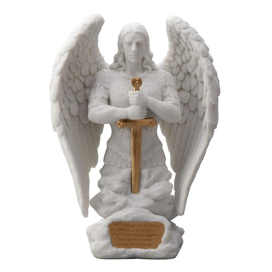 Unicorn Studio Veronese Design 9.1 Inch Saint Michael Prayer Archangel Monument Marble White Golden Finish Angel Statue