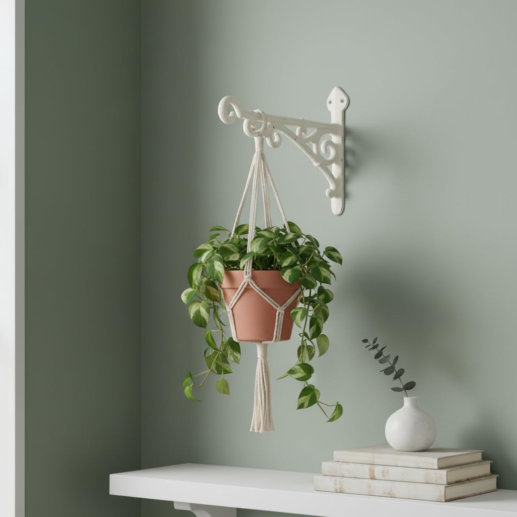 Comfy Hour Antique & Vintage Interior Decor Collection Cast Iron Wall Mount Bracket Hangers for Planter, Bird Feeder, Birdhouse, Lanterns, Windchimes, Hooks, Outdoor Decor- Primitive, White