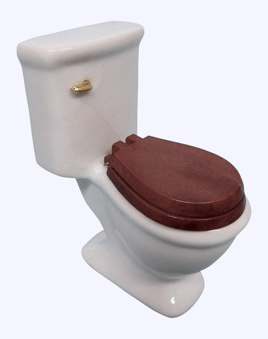 White Ceramic Dollhouse Toilet with Wooden Toilet Seat 1:12 Scale Miniature