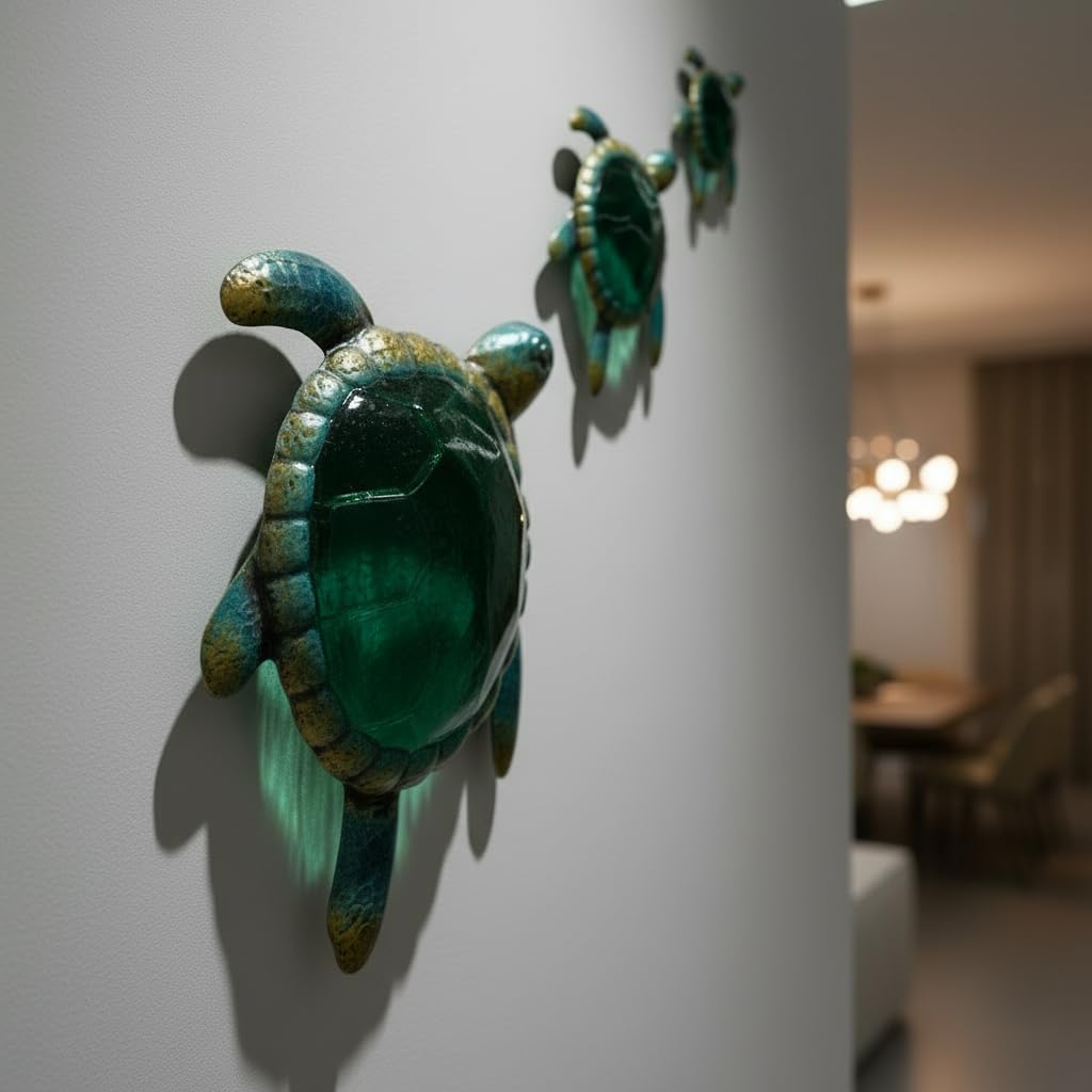 Sunset Vista Comfy Hour Ocean Voyage with Sea Turtles Collection Coastal Ocean Sea Turtles Hanging Wall Art Decor Set (3 Pieces - Large), Outdoor or Indoor, Metal and Glass, Green