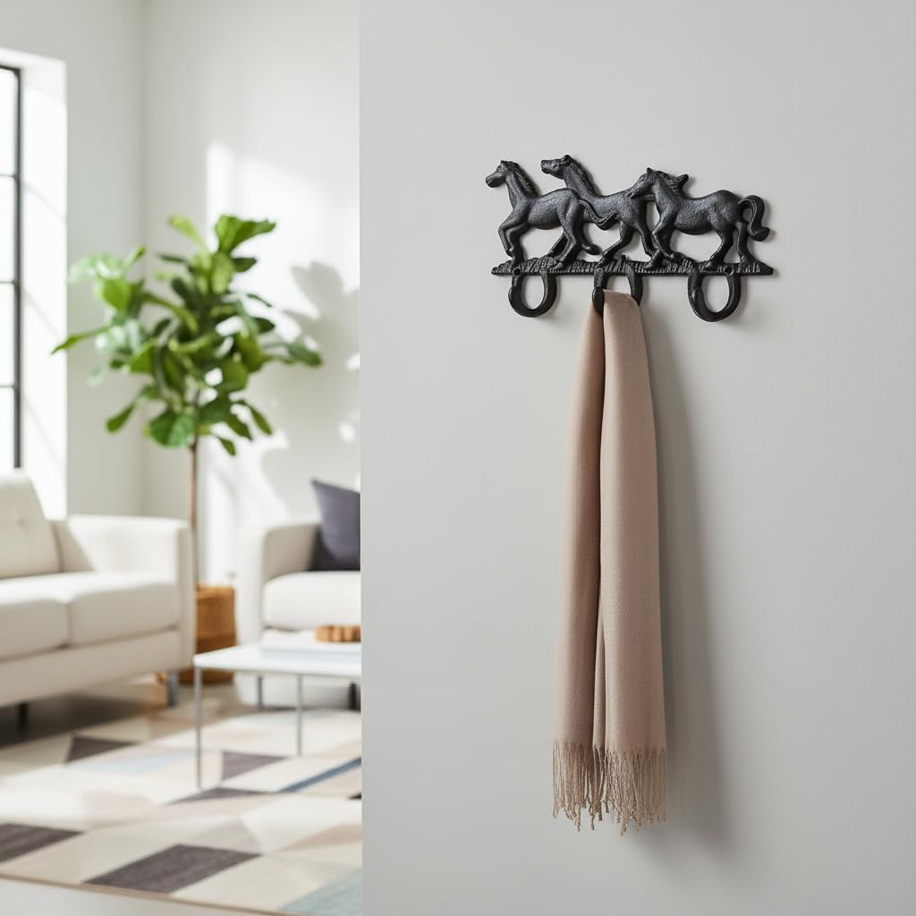 Comfy Hour Cast Iron Three Running Horse Triple Key Coat Hooks Wall Hanger Clothes Rack Set Heavy Duty Recycled