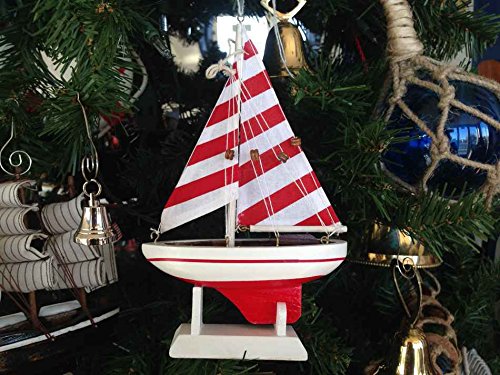 Hampton Nautical Wooden Red Striped Sailboat Model Christmas Tree Ornament