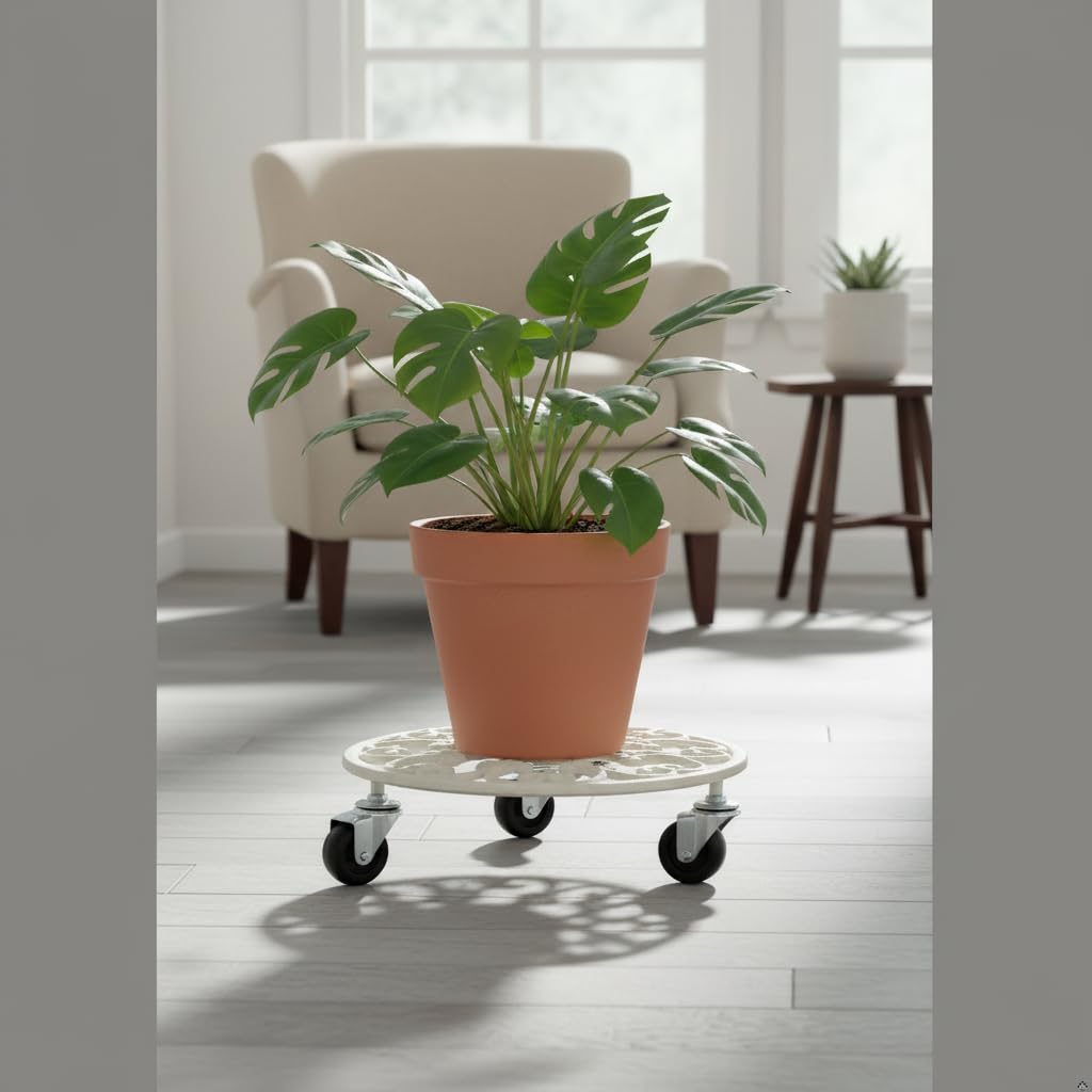 Comfy Hour Rustic Style Outdoor Collection Cast Iron Plant Trolley Flowerpot Holder, with Heavy Duty Super Strong Industrial Strength Iron Wheels, White