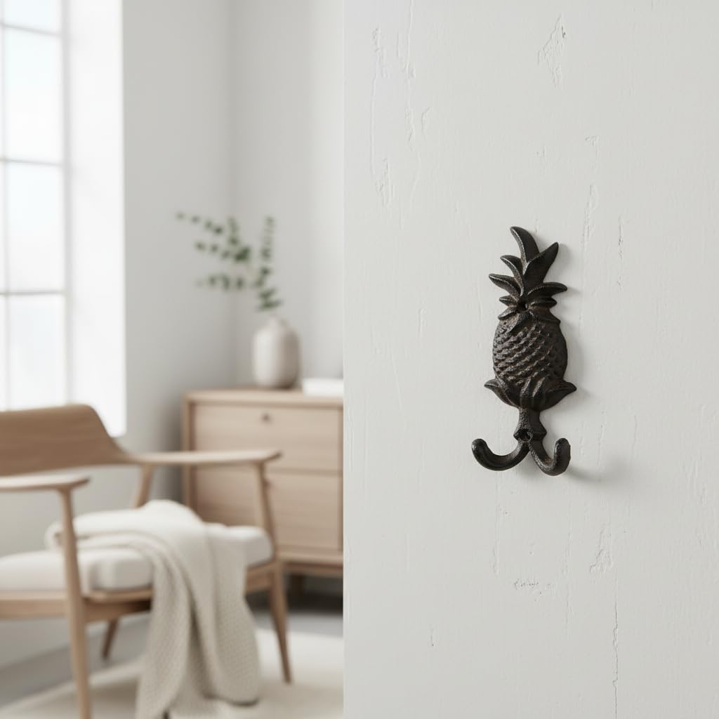 Comfy Hour Antique & Vintage Interior Decor Collection Cast Iron Pineapple Double Key Coat Hooks Clothes Rack Wall Hanger Heavy Duty Recycled Gift Idea