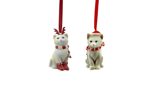 Comfy Hour Joyful Holiday Collection Cats Wearing Scarf Santa Cap Reindeer Antler Headwear Christmas Ornaments, Winter Party Dcor, Polyresin, Set of 6