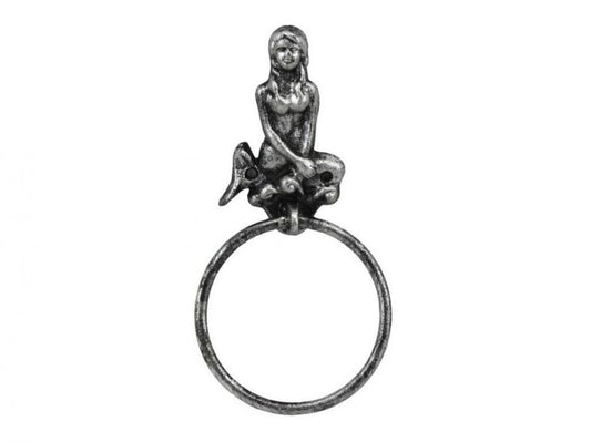 Hampton Iron Antique Silver Cast Iron Mermaid Towel Holder 8.5 Inch - Mermaid Decoration - Metal Wall Art
