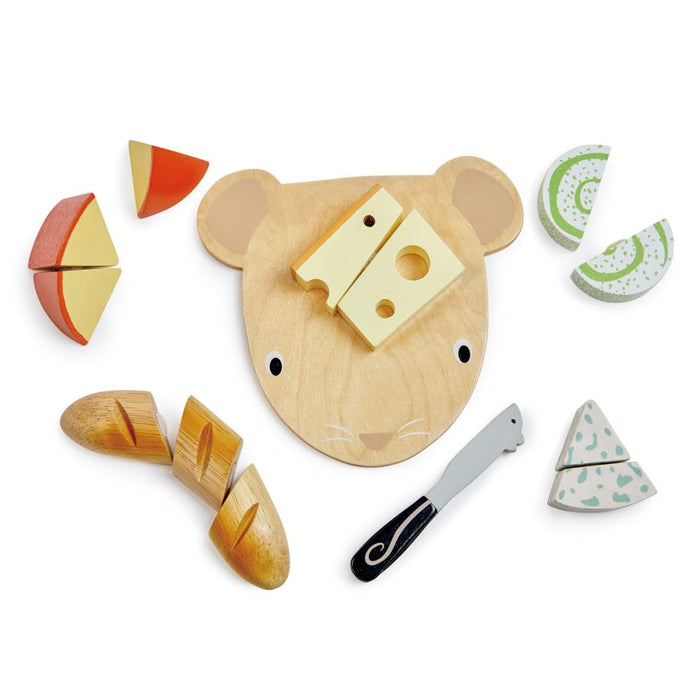 Tender Leaf Toys - Cheese Chopping Board - Wooden Play Food Set with 4 Choppable Cheeses, Baguette, Wood Knife and Illustrated Board - Improves Fine Motor Skills - Develops Social Skills - Age 2+
