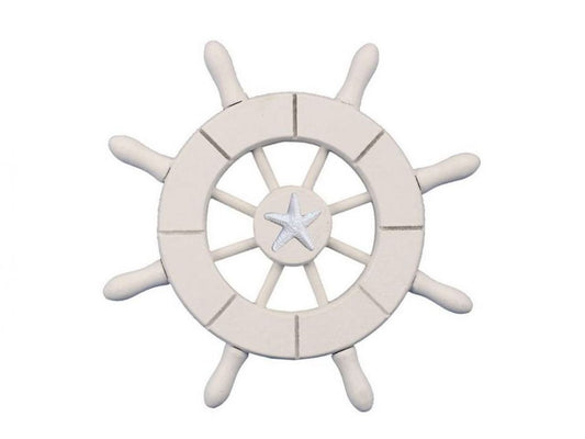Handcrafted Nautical Decor White Decorative Ship Wheel with Starfish 6" - Ships Steering Wheel Decoration