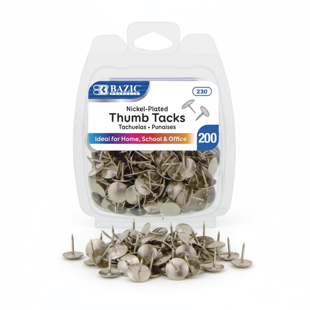 Bazic 230 Silver Thumb Tacks. 200 Push Pins for Crafts and Office Organization