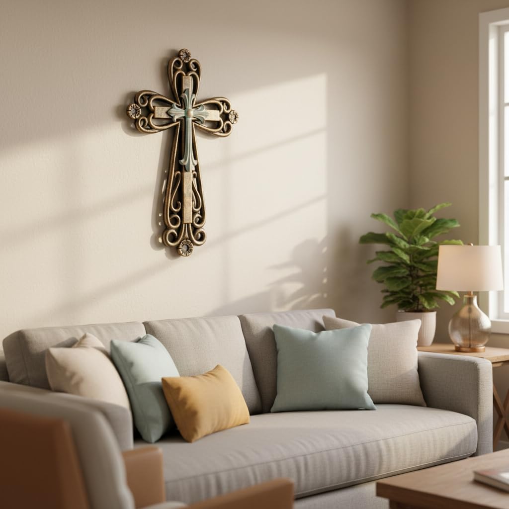 Comfy Hour 13 Inch Cross Wall Decor, Bronze Turquoise Christian Cross