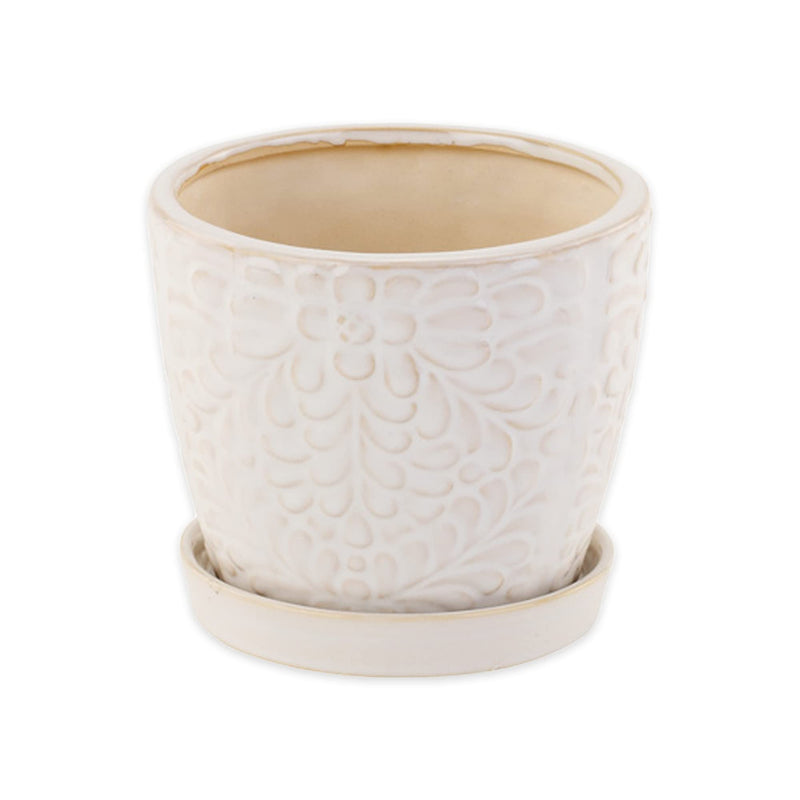 Napco Imports Floral Embossed Ceramic Pot with White Glaze for Indoor Plants Planter, 6x6