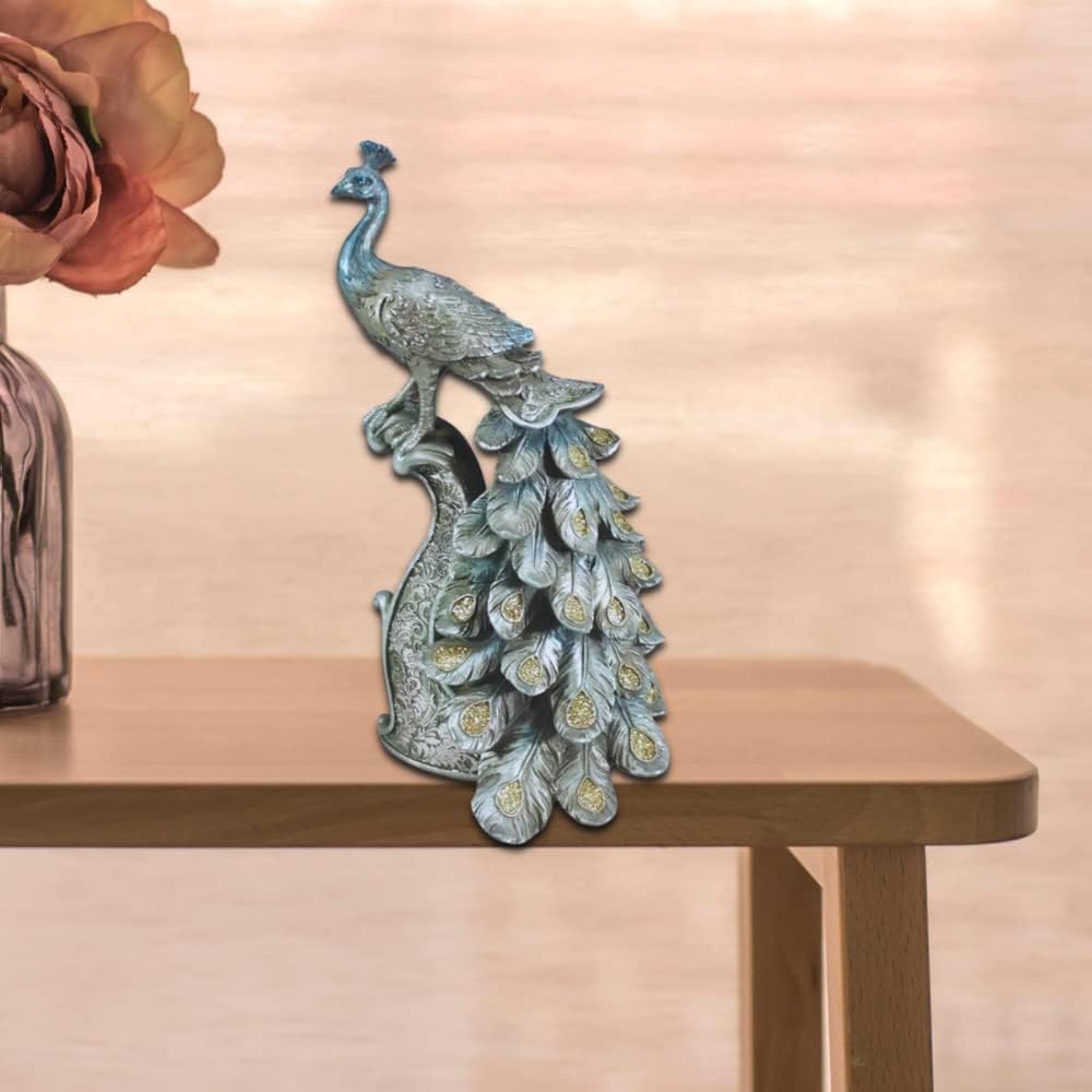 Comfy Hour Peacock Decor Collection 13" Decorative Peacock Standing On Pillar Figurine, Blue Silvery, Collectable, Sequined Twinkling On Feather, Polyresin