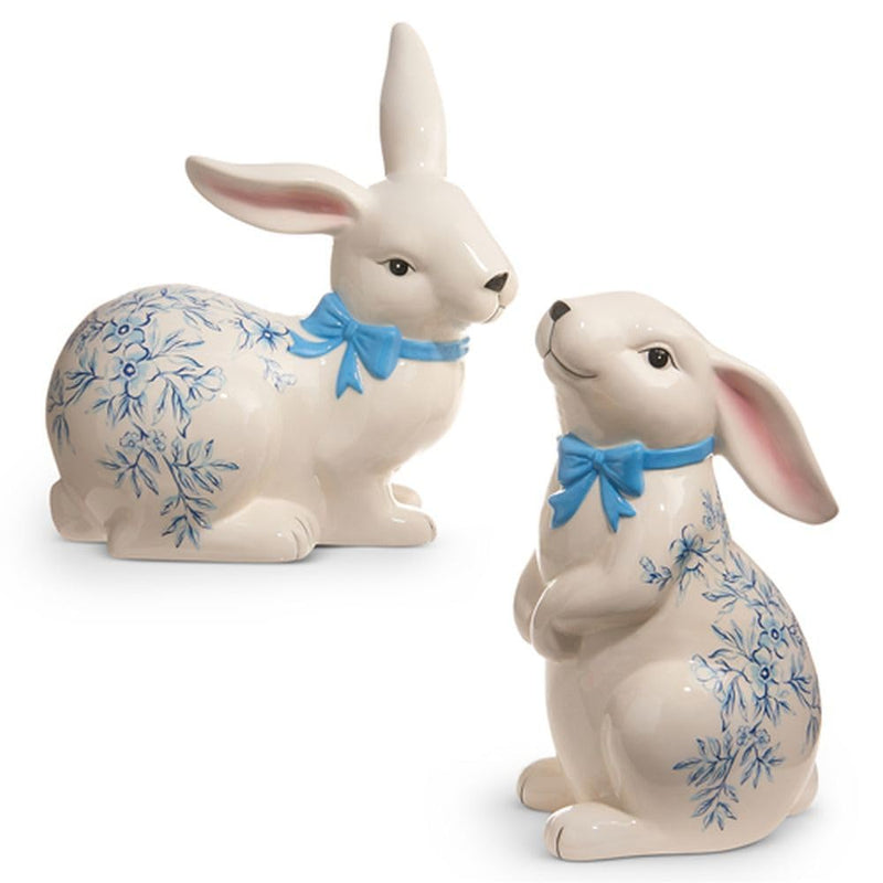 Raz Imports 2024 Easter 10" White with Blue Floral Rabbit, Set of 2