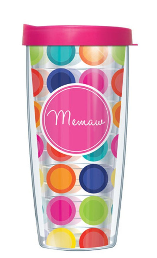 Freeheart Memaw Hot Pink Insignia Wrap on Happy Circles w/ Hot Pink Lid Tumbler Cup 16 Oz | Fantastic Temperature Retention, Thermal Insulated! Dishwasher and Microwave Safe | Great Gift Idea