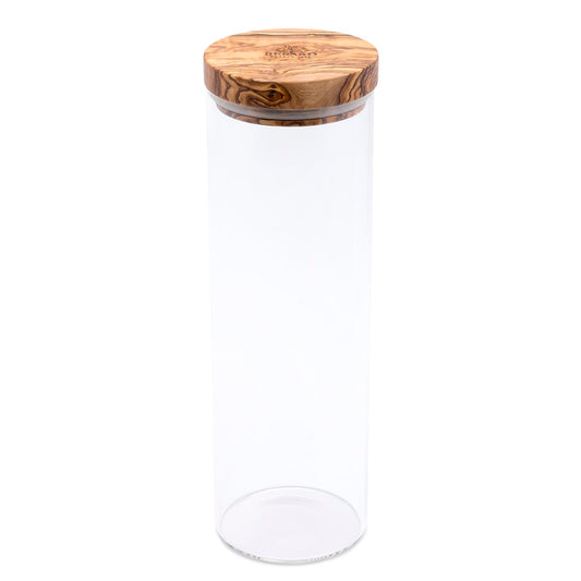 Browne & Co Berard Glass Storage Jar with Olive Wood Lid, 50-Ounce