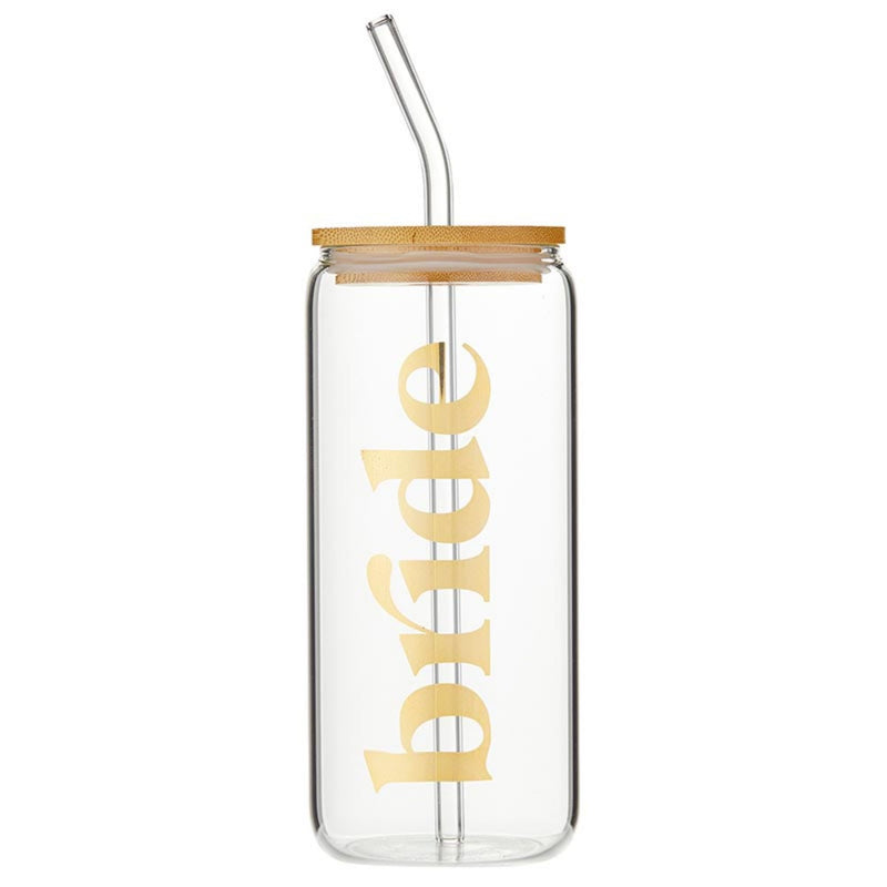 Santa Barbara Design Studio Wedding Cold Brew Glass Tumbler With Lid And Straw Glass Cup with Bamboo Lid, 20-Ounce, Bride
