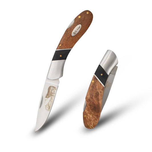 Master Cutlery Elk Ridge - Outdoors Manual Folding Knife - 3.25-in Satin Finish Stainless Steel Blade with Wolf Design, 2 Tone Burl Wood Handle with Lock Back, Hunting, Camping, EDC - ER-072W