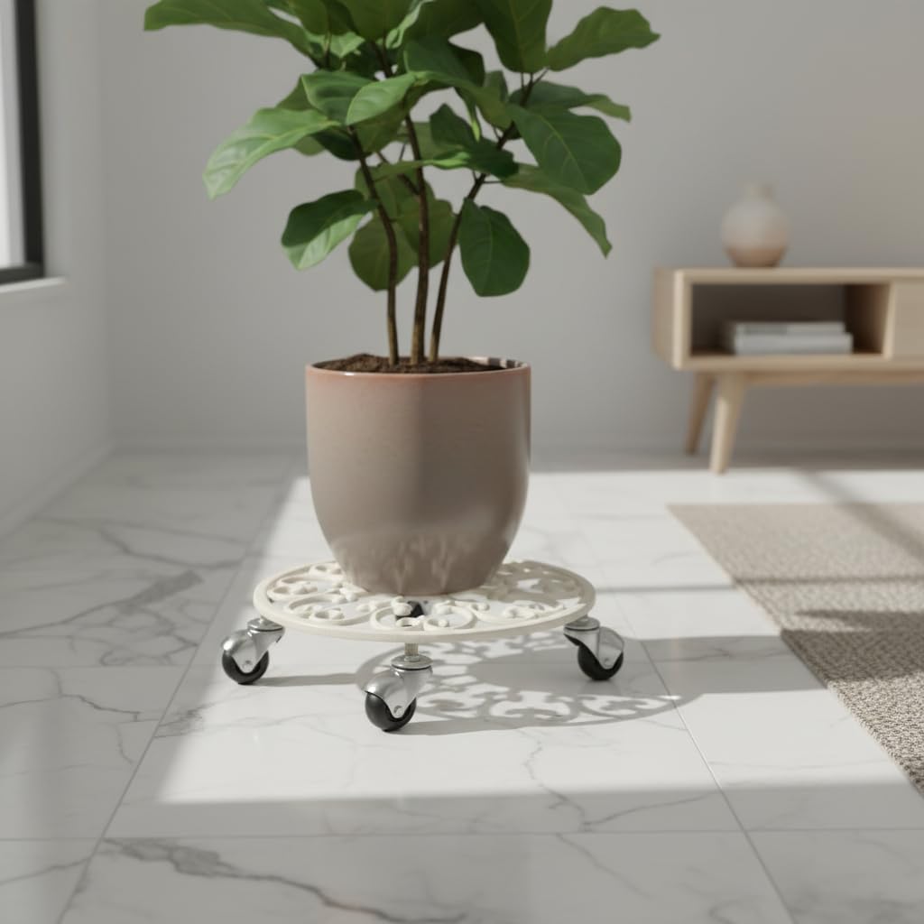 Comfy Hour Rustic Style Outdoor Collection Cast Iron Plant Trolley Flowerpot Holder, with Heavy Duty Super Strong Industrial Strength Iron Wheels, White
