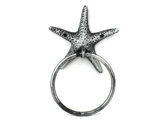 Hampton Iron Antique Silver Cast Iron Starfish Towel Holder 8.5 Inch - Starfish Decoration - Sea Home Decor