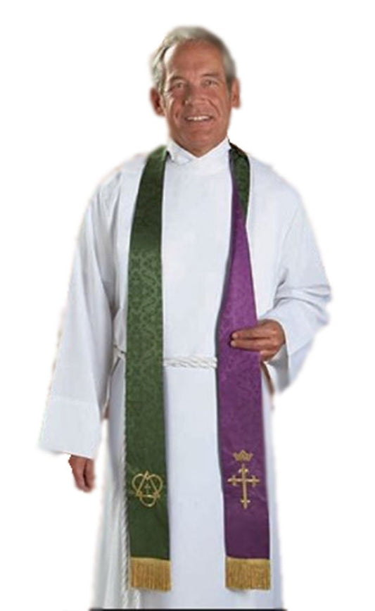 Christian Brands Purple and Green Embroidered Holy Trinity Cross with Crown Reversible Clergy Jacquard Stole