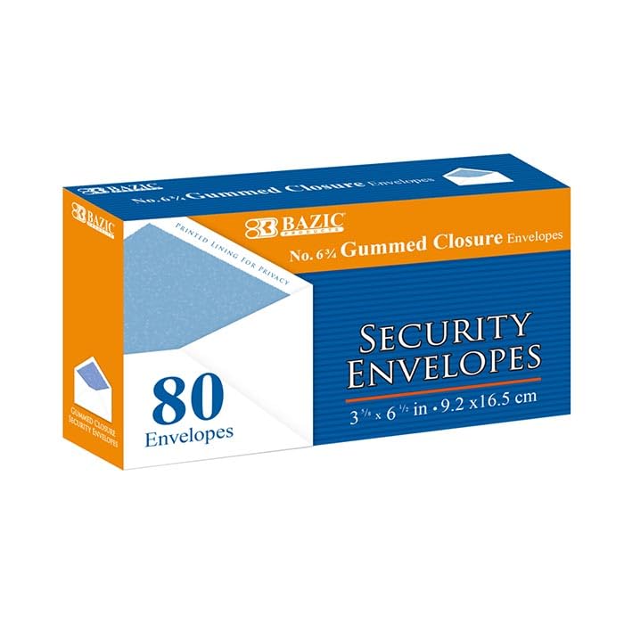 BAZIC Products #6 3/4 Gummed Security Envelopes, 80 Ct