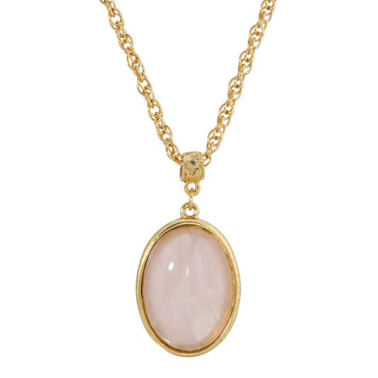 1928 Jewelry 14K Gold Dipped Gemstone Rose Quartz Pink Oval Pendant Necklace, 16