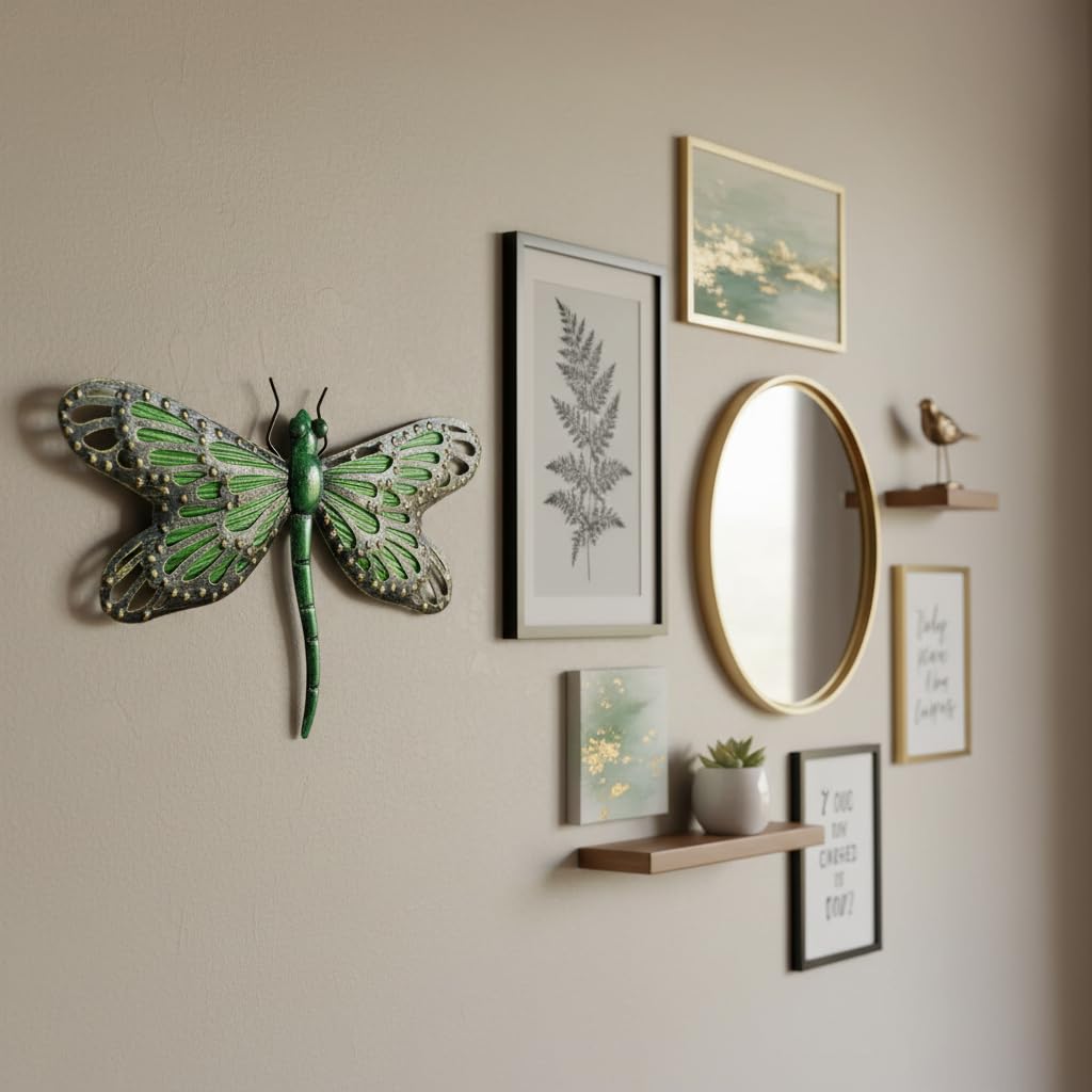 Comfy Hour Travel on Wings Collection 12" Metal Art Dragonfly Wall Decor Green