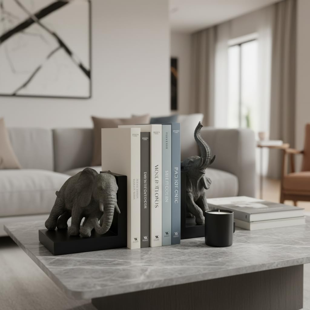 Comfy Hour Our Cute Elephant Friends Collection 12" Length 10" Height Set 2 Elephants Bookends Art Bookend, 1 Pair, Gray and Black, Polyresin