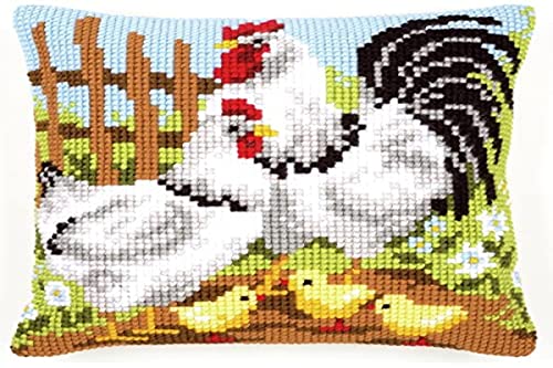 Vervaco Cross Stitch Embroidery Kits Pillow Front for Self-Embroidery with Embroidery Pattern on 100% Cotton and Embroidery Thread, 15,75 x 15,75 Inches - 40 x 40 cm, Chicken Family