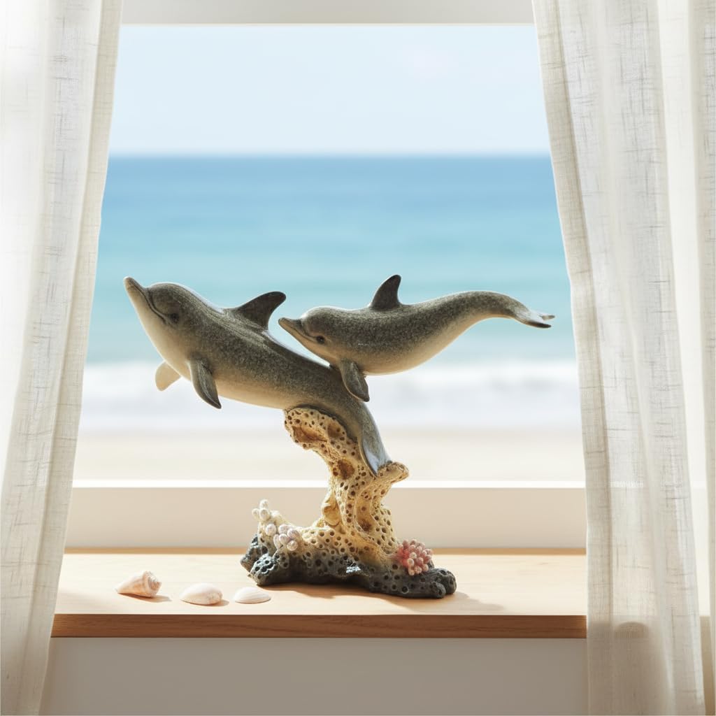 Comfy Hour Under The Sea Collection 7-Inch Two Swimming Dolphins On Coral Pedestal Coastal Ocean Theme Decoration, High Gloss Finish, Polyresin