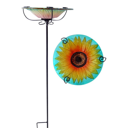 Comfy Hour Bird Meets Garden Bath Collection 28" Chrysanthemum Glass Top Birdbath Birdfeeder Metal Art Garden Stake