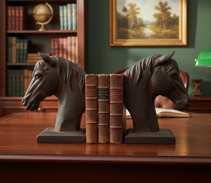 Comfy Hour Farmhouse Home Decor Collection 5" Length 7" Height Set 2 Horse Head Bookends Art Bookend, 1 Pair, Antique Style, Heavy Weight, Brown Rust Effect, Polyresin