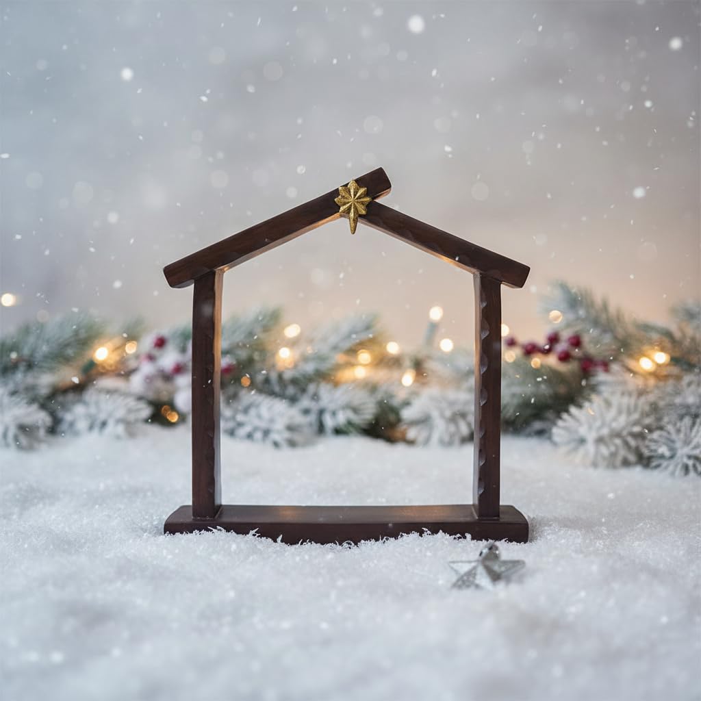 Comfy Hour 9.1 Inch Nativity Stable, Rustic Creche with Star