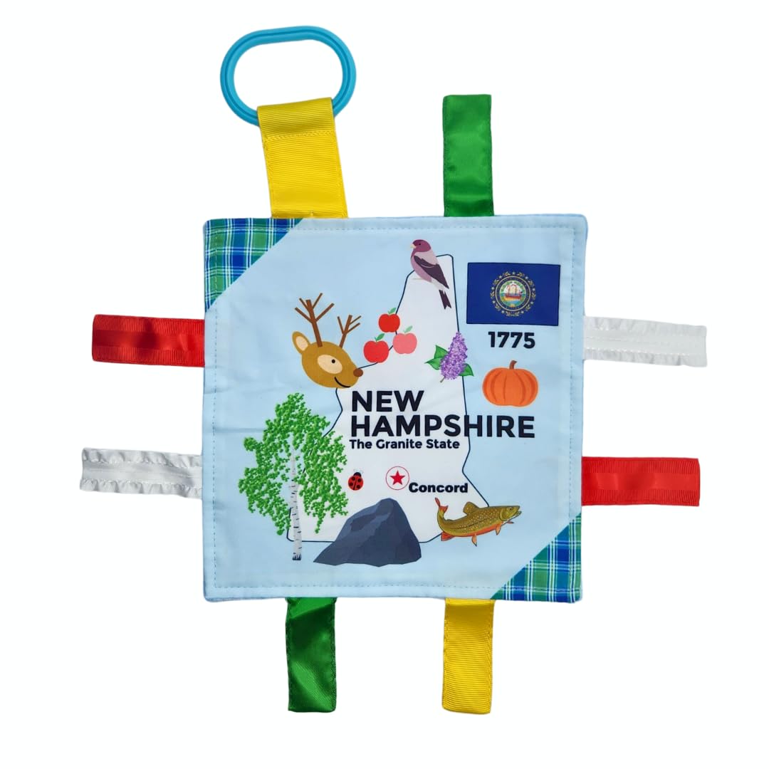 Baby Jack & Co 8x8” Learning Lovey New Hampshire State Tag Stroller Toy for Babies - Crinkle Toys for Developing Five Senses - Learn About Capitals - Travel with Baby Jack - BPA Free Clip