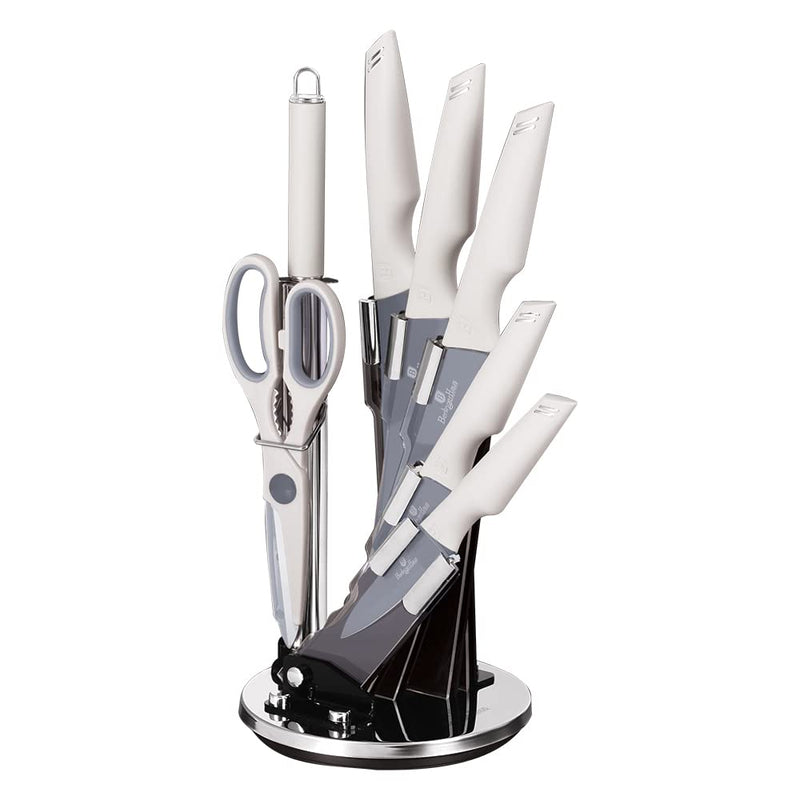 Berlinger Haus Kitchen Knife Set with Block, 8 Piece Knives Set for Kitchen, Cooking Knives with Kitchen Shears and Sharpener, Sharp Cutting Stainless Steel Chef Knife Set with Acrylic Stand, White